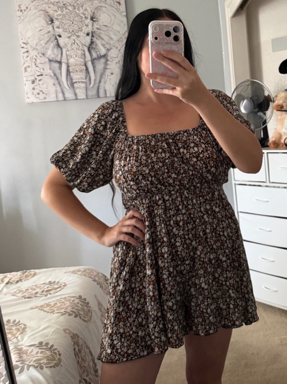 Black Brown Floral Smocked Square-Neck Cut Out Open Back Romper L Large